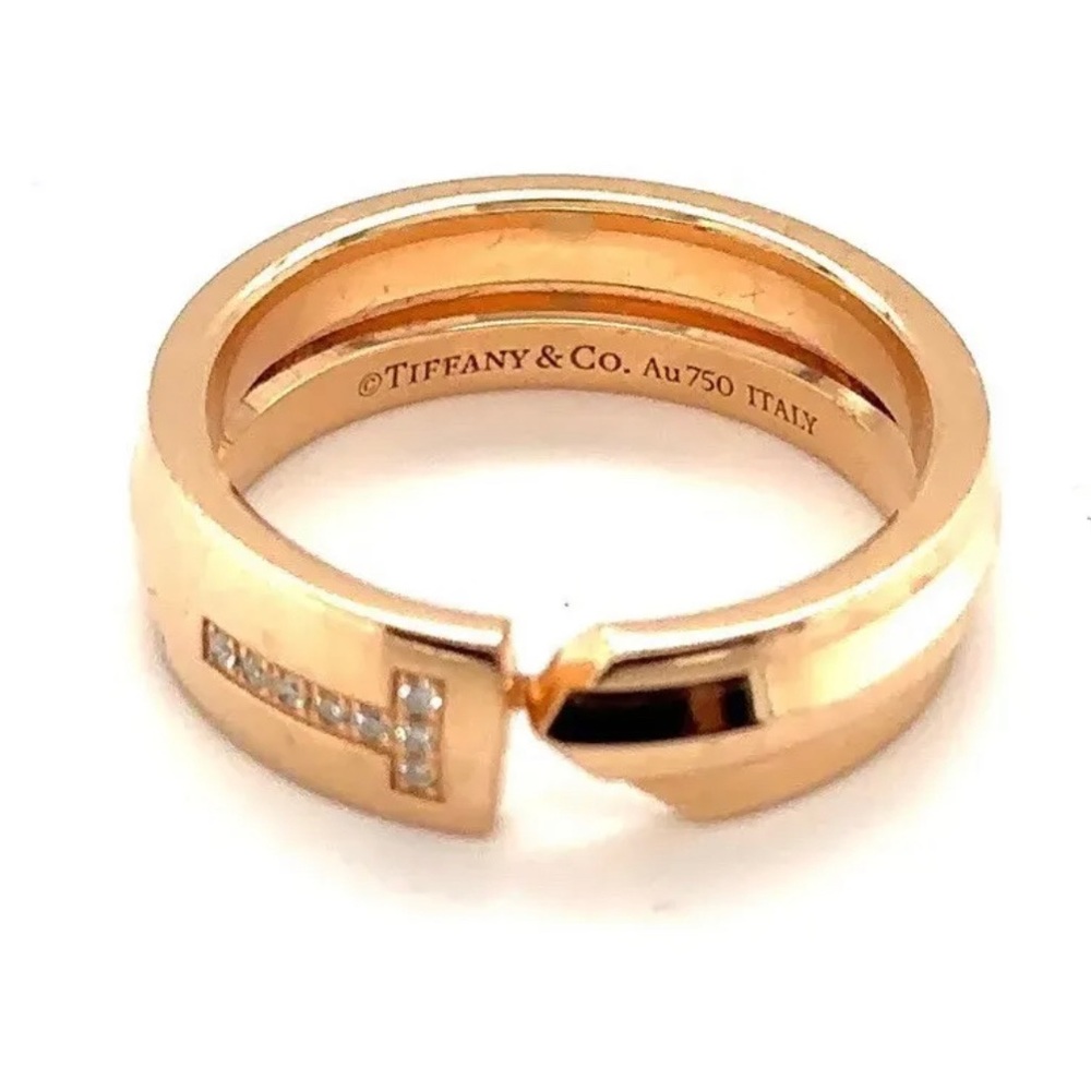 Tiffany & Co 18k Rose Gold Round Diamond Modern Key T Ring Band Size 6.5